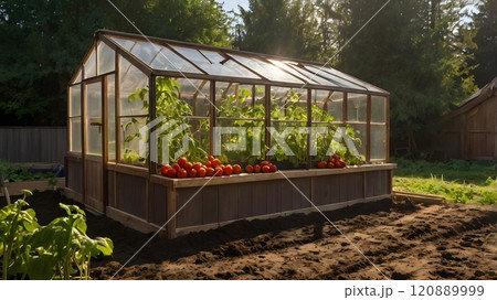 A vibrant greenhouse brimming with ripening tomatoes in a lush garden on a sunny afternoon. Generative AI 120889999