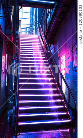 A vibrant staircase illuminated by neon lights beckons in a city alley at night, showcasing urban art and reflections. Generative AI 120890103