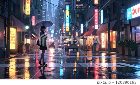A young woman with an umbrella stands on a rainy street illuminated by neon lights in a busy urban setting at night. Generative AI A young woman with an umbrella stands on a rainy street illuminated by neon lights in a busy urban setting at night. Generative AI 120890165