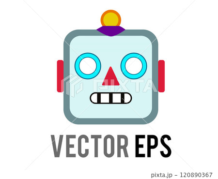 Head of classic vintage tin toy grimace robot flat icon with circular eyes, triangular nose, knobs for ears 120890367