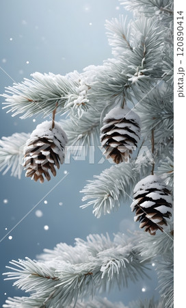 Winter wonderland featuring snow-dusted pine cones hanging from frosted branches in a serene, tranquil forest setting during the peaceful snowfall. Generative AI 120890414