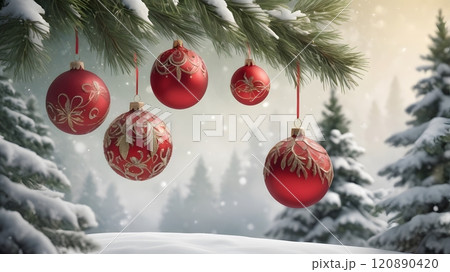 Festive red ornaments hanging from frosty pine branches in a serene winter landscape at dusk. Generative AI 120890420