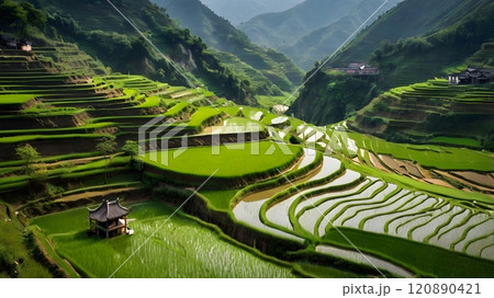 Lush green terraced rice fields nestled in mountainous landscape under soft morning sunlight. Generative AI 120890421