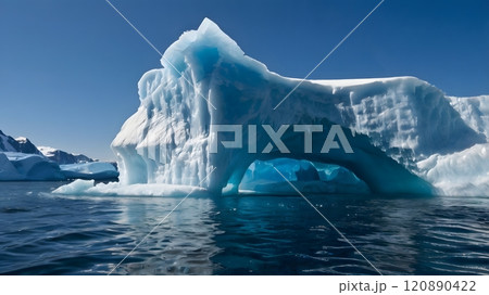 Majestic ice formation glistening under clear skies in the pristine waters of Antarctica during a calm summer afternoon. Generative AI 120890422