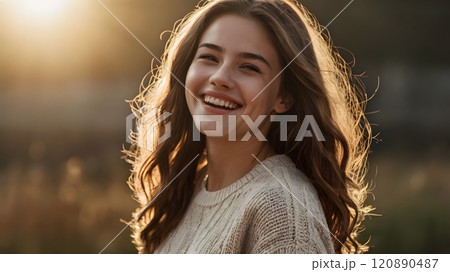 A joyful young woman radiates happiness in a sunlit meadow during golden hour, showcasing nature\'s beauty. Generative AI 120890487
