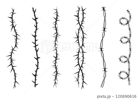 Thorn stem vine plant with spikes simple border y2k creepy branch. Barbed wire tattoo. Boundary frame. Thorn stem vine plant with spikes simple border y2k creepy branch. Barbed wire tattoo. Boundary frame. 120890616