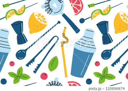 Vector pattern of cocktail tools and garnishes in flat cartoon style. Illustrations of shakers, strainers, jiggers, citrus slices, mint leaves, seamless background of bar accessories for mixology Vector pattern of cocktail tools and garnishes in flat cartoon style. Illustrations of shakers, strainers, jiggers, citrus slices, mint leaves, seamless background of bar accessories for mixology 120890674