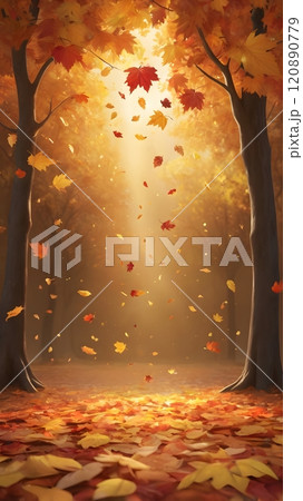Golden autumn leaves cascade through a serene forest glen, illuminated by gentle morning light in a tranquil nature landscape. Generative AI 120890779