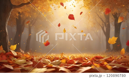 Golden autumn leaves dance gracefully in a sunlit forest clearing during a peaceful afternoon in late October. Generative AI 120890780
