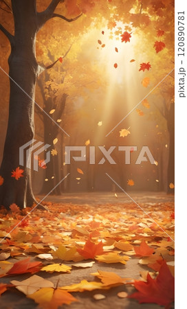 Golden autumn leaves dance in sunlight filtering through trees in a serene woodland clearing. Generative AI 120890781