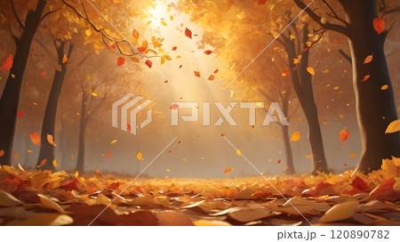 A tranquil autumn path with golden leaves swirling in the gentle breeze under a warm sunlit canopy. Generative AI 120890782