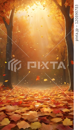 Golden light filters through autumn trees as vibrant leaves dance in the gentle breeze during a tranquil forest stroll. Generative AI 120890783