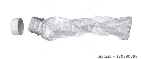 捻り潰したペットボトルと分別したキャップ。リサイクル、ごみの分別のイメージ 捻り潰したペットボトルと分別したキャップ。リサイクル、ごみの分別のイメージ 120890898