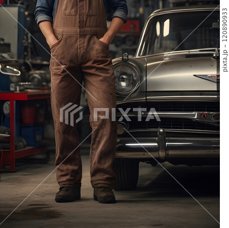 A mechanic stands confidently beside a classic car in a vintage garage, surrounded by tools and automotive charm. Generative AI A mechanic stands confidently beside a classic car in a vintage garage, surrounded by tools and automotive charm. Generative AI 120890933