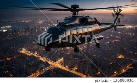 A military helicopter flies over a vibrant city skyline at dusk, showcasing the technology of aerial surveillance and urban exploration. Generative AI 120890936