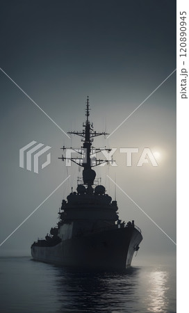 A solitary warship emerges from the misty waters at dawn, silhouetted against the rising sun and enveloped in mysterious fog. Generative AI 120890945