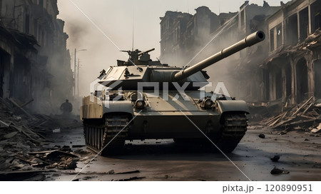 A lone tank navigates through a war-torn cityscape, shrouded in smoke and ruin during early morning light. Generative AI 120890951