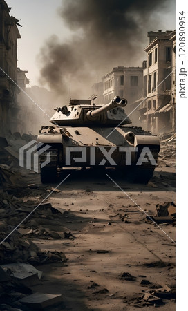 A powerful tank navigates a war-torn cityscape, evoking a sense of history and resilience in the midst of destruction. Generative AI 120890954