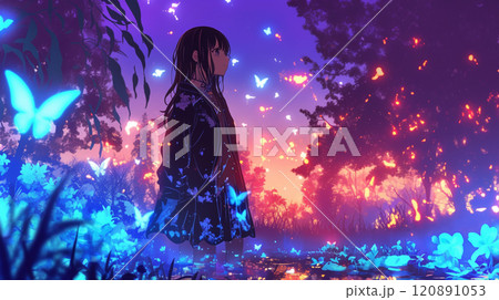 【風景・壁紙】光り輝く蝶のファンタジーな風景 120891053