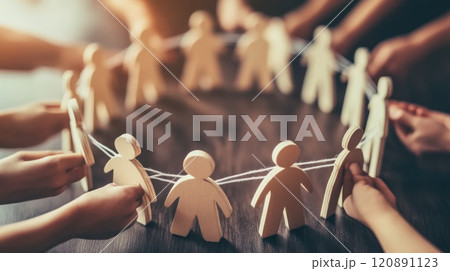 Wooden figures connected by string, symbolizing teamwork and unity. 120891123