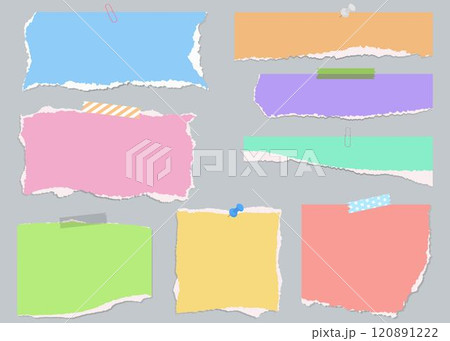 破れた紙の背景素材のセット、テープ、クリップ、画鋲で留められた紙 120891222