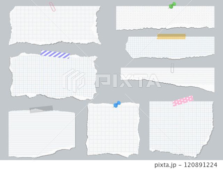 破れた紙の背景素材のセット、方眼ノート、テープ、画鋲、クリップで留められた紙 破れた紙の背景素材のセット、方眼ノート、テープ、画鋲、クリップで留められた紙 120891224