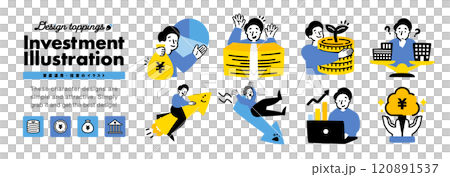 年輕男性圖標插圖集與投資、資產和金錢相關的成功、失敗等圖像。 120891537