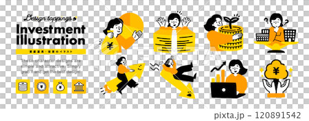 與投資、資產和金錢相關的成功、失敗等圖像的年輕女性圖標插圖集 120891542