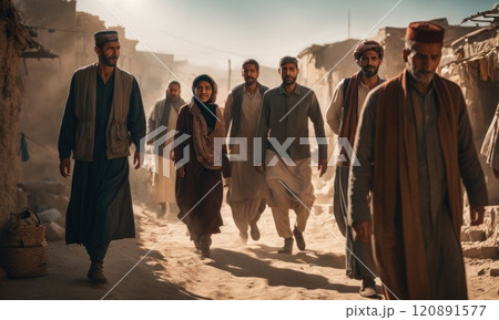 Refugees and displaced by war or a natural disaster walking through the streets of a destroyed city. Ruined demolition town. A city devastated by war and bombing. Middle east crisis 120891577