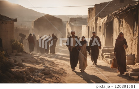 Refugees and displaced by war or a natural disaster walking through the streets of a destroyed city. Ruined demolition town. A city devastated by war and bombing. Middle east crisis 120891581