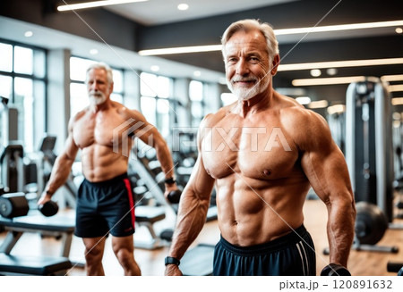 Senior man doing workout exercises inside gym. Fit mature male training in wellness club center - Body building and sport healthy lifestyle concept. AI 120891632