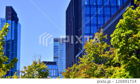 Sustainable glass office building with trees for reducing carbon dioxide. Eco-friendly building in modern city. Office with green environment. Corporate building reduce CO2. Sustainable glass office building with trees for reducing carbon dioxide. Eco-friendly building in modern city. Office with green environment. Corporate building reduce CO2. 120891714