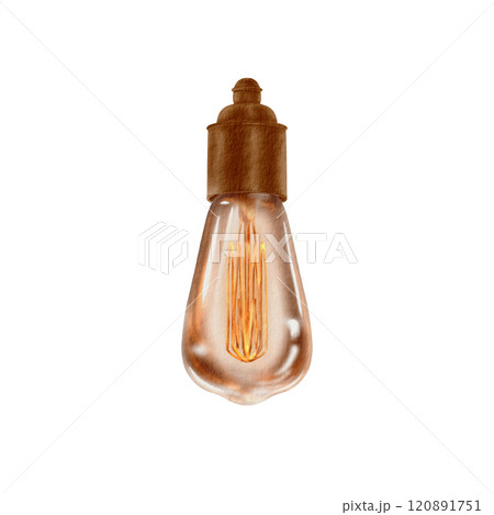 Vintage retro stretched bulb for lamps or garlands creates a mood of festivity and celebration,makes the exterior cozy and memorable.Hand drawn watercolor illustration on a transparent background 120891751