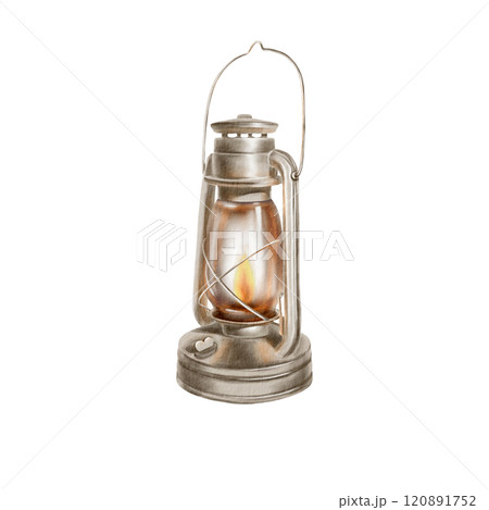 Vintage antique lamp for street and interior lighting in the 19th century, made of metal.Creates a Christmas cozy and keeps the memory of the past.Watercolor illustration on transparent background 120891752