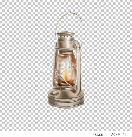 Vintage antique lamp for street and interior lighting in the 19th century, made of metal.Creates a Christmas cozy and keeps the memory of the past.Watercolor illustration on transparent background 120891752