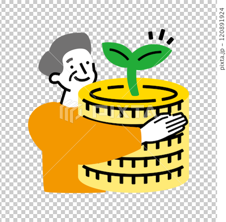 In preparation for a heavy future: Senior man's money increasing pension, savings, savings and investment illustration 120891924