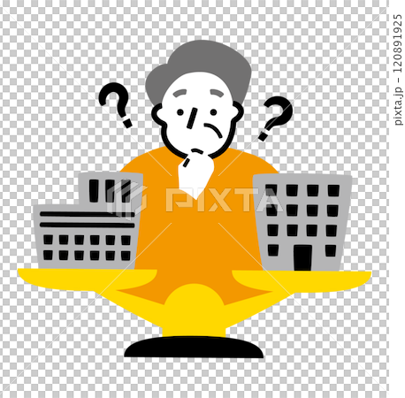 An illustration about money in which a senior man who invests in real estate and stocks is weighing a building against the other 120891925