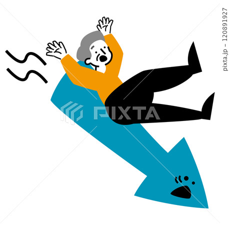 リスクと不足が招く投資失敗:ビジネスの衰退を表す減少・下がる株価のシニア男性人物と矢印イラスト リスクと不足が招く投資失敗:ビジネスの衰退を表す減少・下がる株価のシニア男性人物と矢印イラスト 120891927