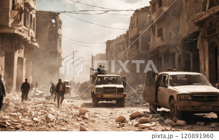 Refugees and displaced by war or a natural disaster walking through the streets of a destroyed city. Ruined demolition town. A city devastated by war and bombing. Middle east crisis 120891960