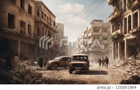 Refugees and displaced by war or a natural disaster walking through the streets of a destroyed city. Ruined demolition town. A city devastated by war and bombing. Middle east crisis 120891964
