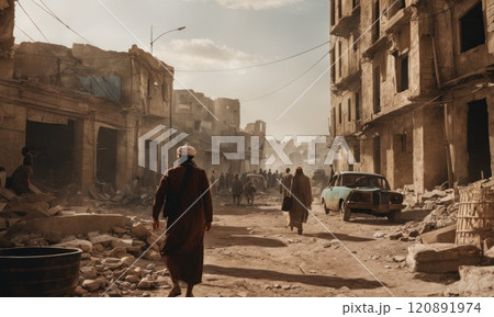 Refugees and displaced by war or a natural disaster walking through the streets of a destroyed city. Ruined demolition town. A city devastated by war and bombing. Middle east crisis 120891974