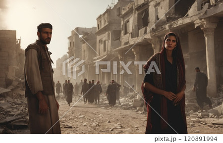 Refugees and displaced by war or a natural disaster walking through the streets of a destroyed city. Ruined demolition town. A city devastated by war and bombing. Middle east crisis 120891994