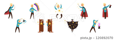 Man Magician Character Show Trick and Magic Vector Set Man Magician Character Show Trick and Magic Vector Set 120892070