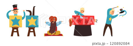 Man Magician Character Show Trick and Magic Vector Set 120892084