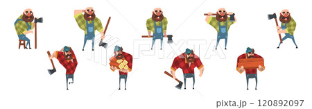 Man Lumberjack Character with Axe Chopping Wood Vector Set 120892097