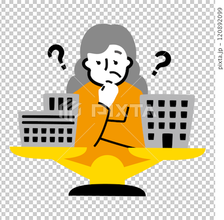 An illustration about money in which a senior woman who invests in real estate and stocks is weighing the options 120892099