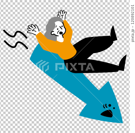 風險和稀缺性導致的投資失敗:一位高級女性人物和代表業務下滑的股價下跌箭頭的插圖 風險和稀缺性導致的投資失敗:一位高級女性人物和代表業務下滑的股價下跌箭頭的插圖 120892101