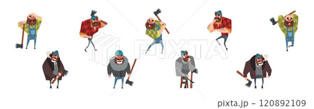 Man Lumberjack Character with Axe Chopping Wood Vector Set Man Lumberjack Character with Axe Chopping Wood Vector Set 120892109