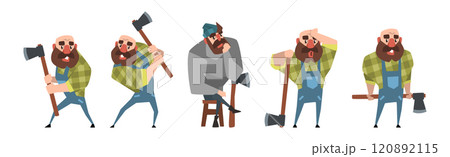 Man Lumberjack Character with Axe Chopping Wood Vector Set 120892115