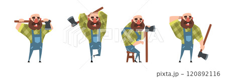 Man Lumberjack Character with Axe Chopping Wood Vector Set 120892116